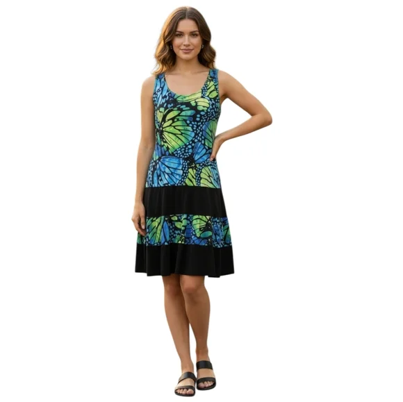 SZ6 Joseph Ribkoff Dress Butterfly Print Blue Green Patterned Midi Spring Fairy - Picture 8 of 8